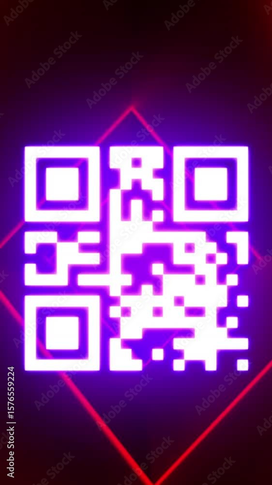 Poster animation of qr code and neon lines on black background