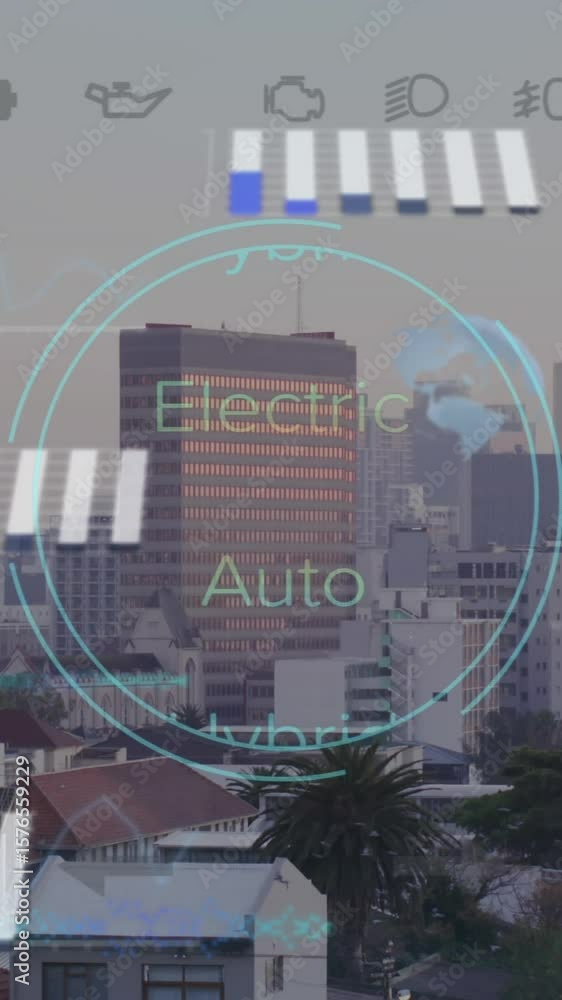 Poster animation of speedometer interface and data processing against aerial view of cityscape
