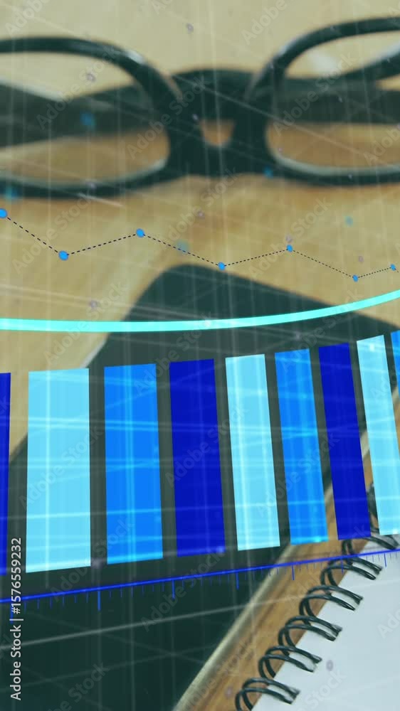 Poster animation of statistical data processing against diary, coffee cup, glasses and smartphone on table