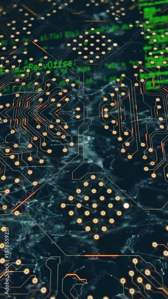 Poster animation of illuminated circuit board pattern over computer language against black background