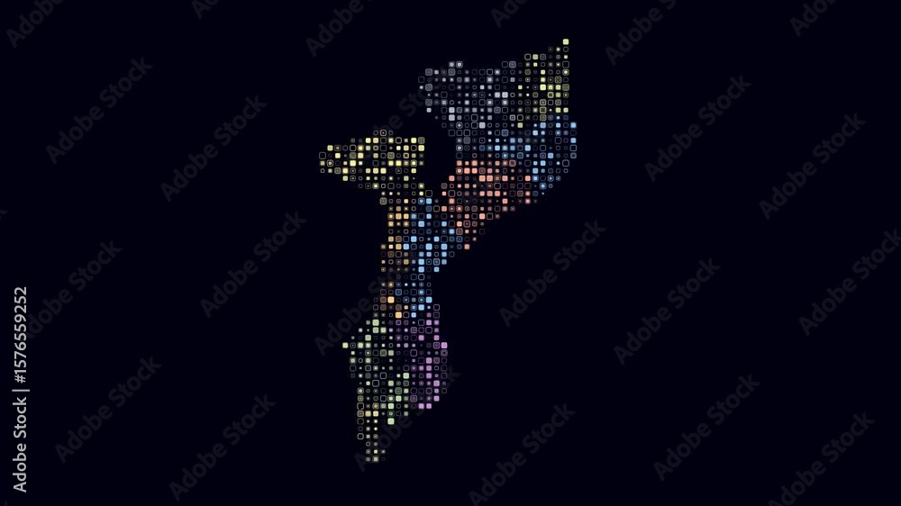 Poster mozambique dotted animation. shape of the country build of pulsating colored dots. small size rounde