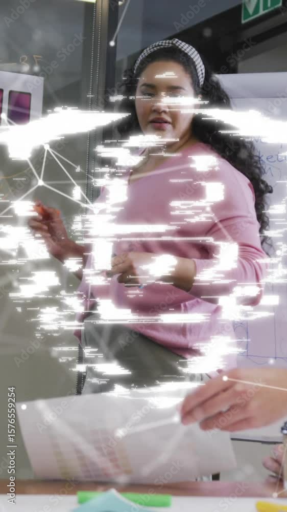Poster animation of lock with shield and connected dots over diverse colleagues discussing in office