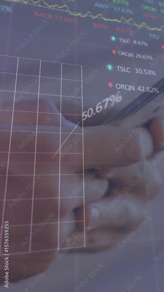 Poster animation of statistical and stock market data processing over mid section of man using a smartphone