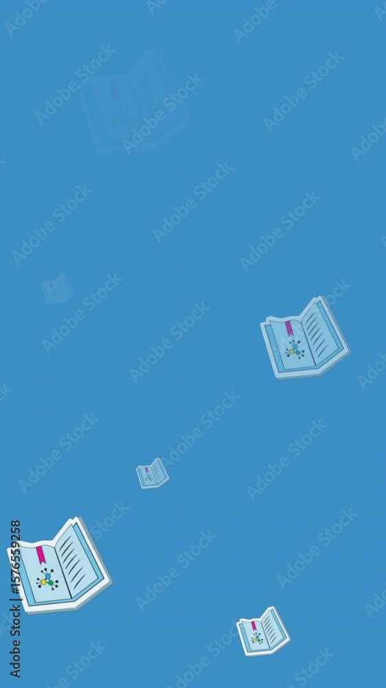 Poster animation of multiple science textbook icons in seamless pattern on blue background with copy space