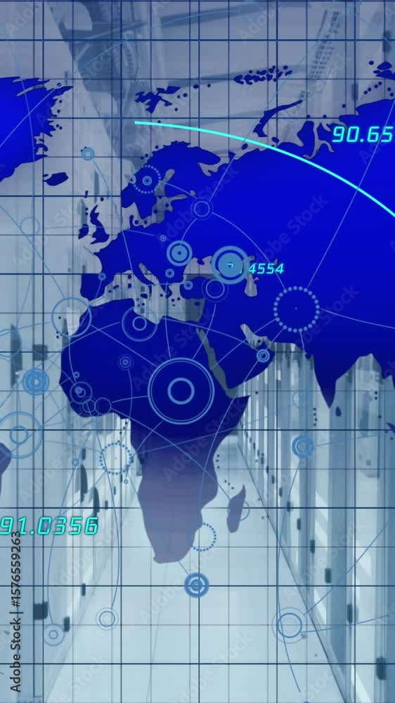 Poster animation of network of connections over world map against computer server room