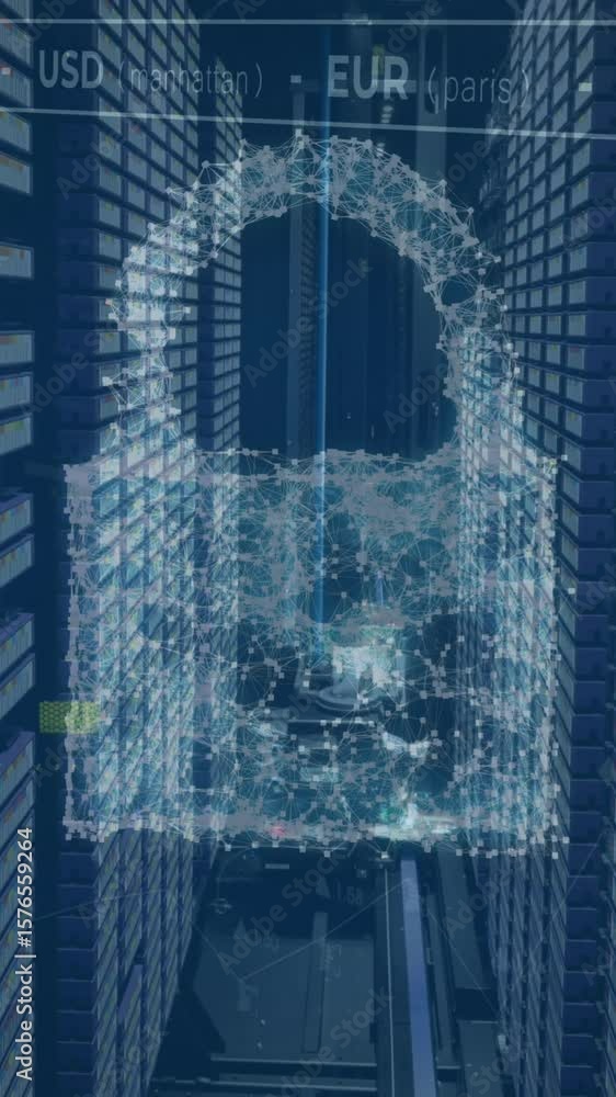 Poster animation of padlock and data processing over computer servers