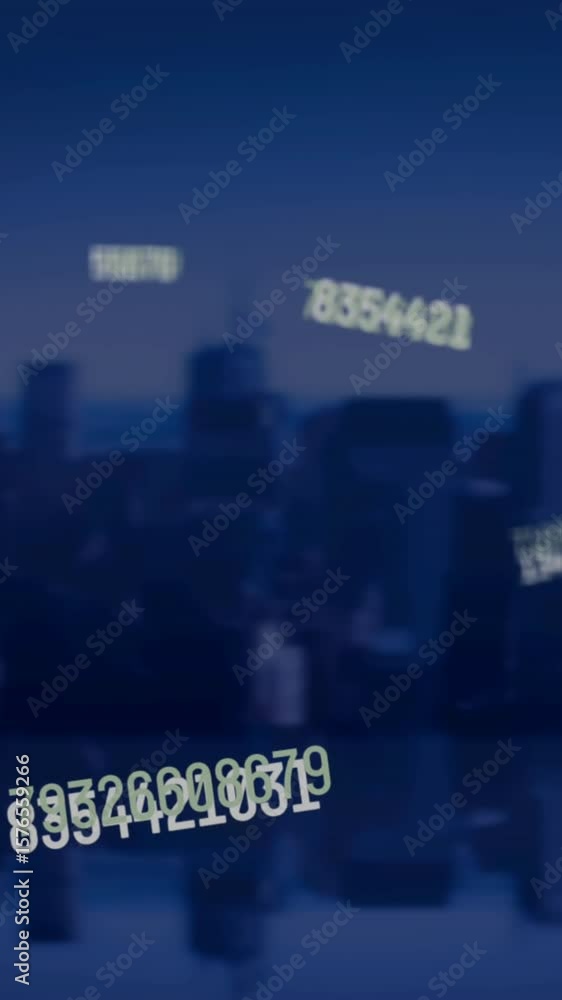 Poster animation of multiple changing numbers against aerial view of cityscape
