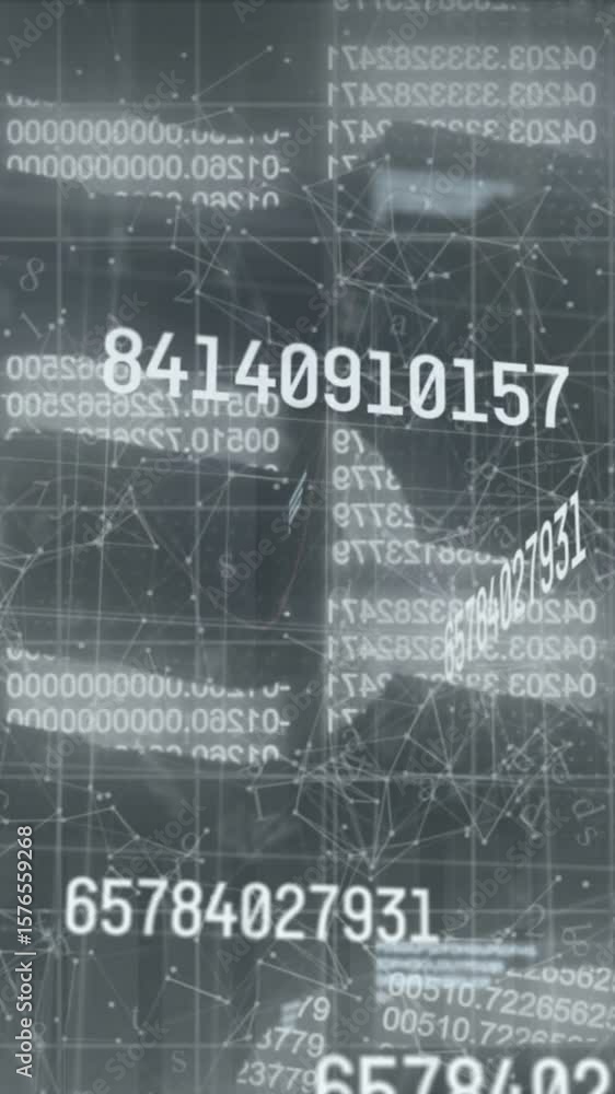 Poster animation of changing numbers, security chain icon and network of connections on grey background