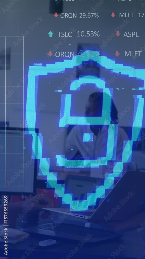 Poster animation of security padlock and data processing over diverse business people in office