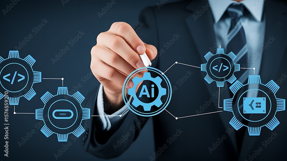 Poster ai-powered digital workflow solution: a hand connects tech elements, streamlining digital transforma