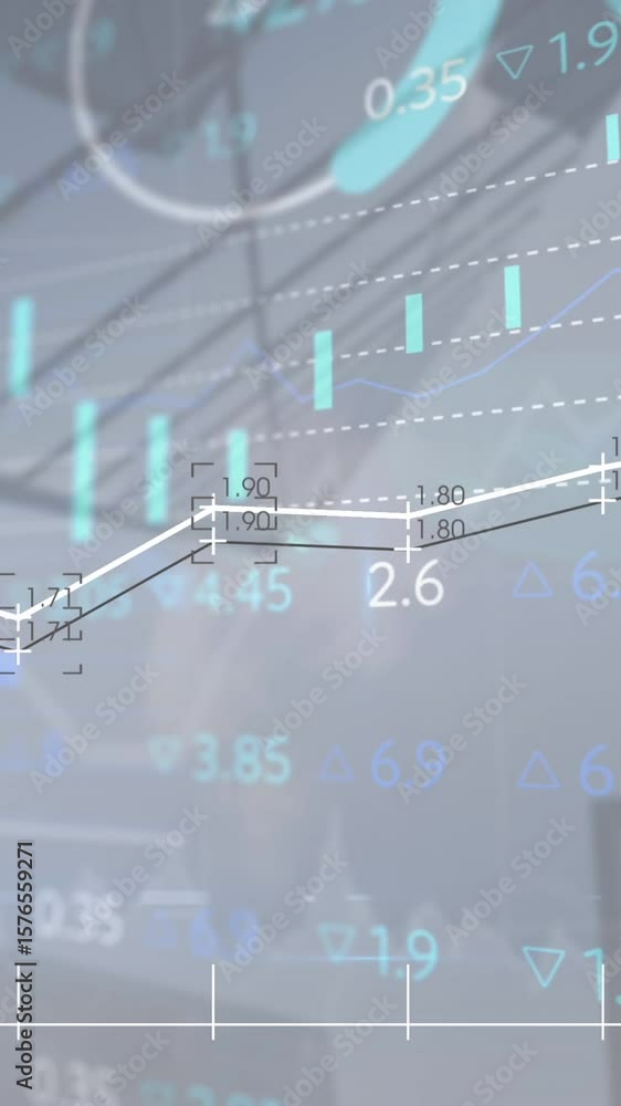 Poster animation of statistical and stock market data processing against low angle view of tall buildings