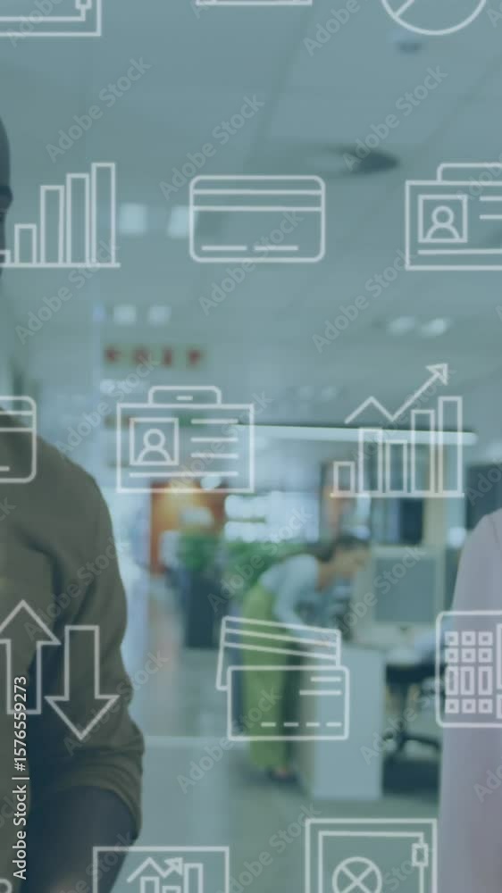 Poster animation of multiple icons over diverse coworkers discussing while walking in office