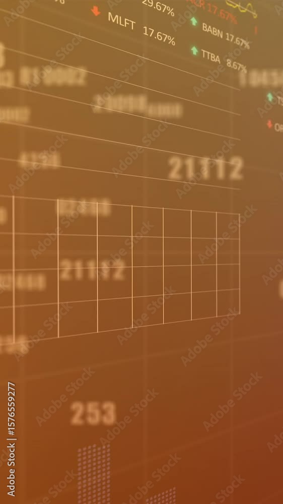 Poster animation of changing numbers over multiple graphs and trading boards against gradient background