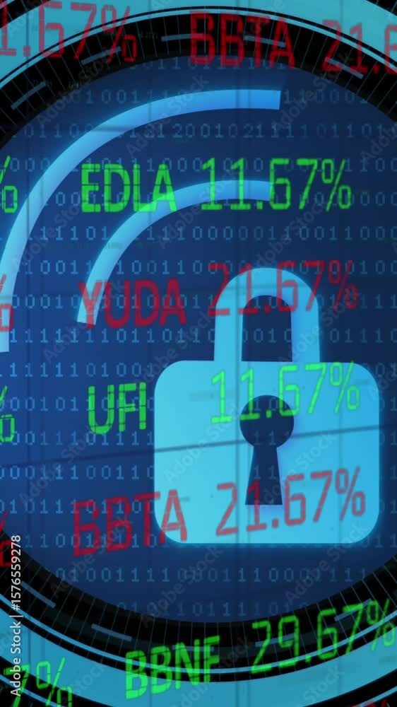 Poster animation of stock market data processing over security padlock on round scanner