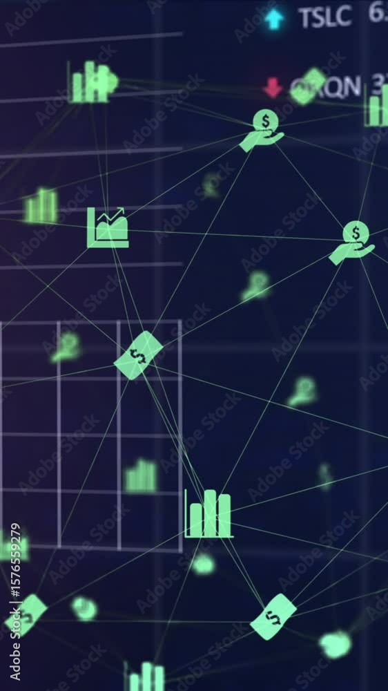 Aufkleber animation of connected icons forming globe with graphs and trading boards over black background