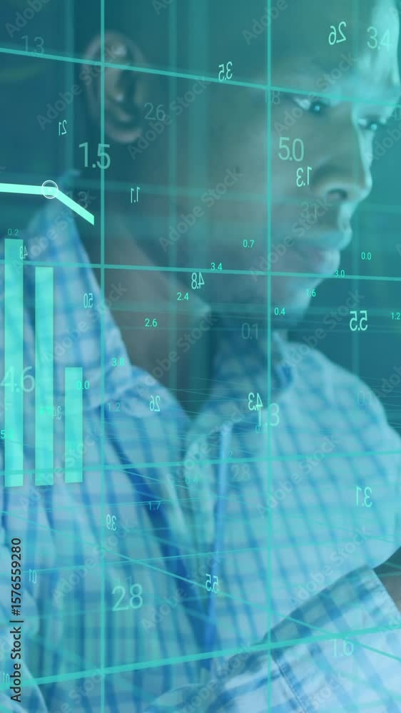 Poster animation of graphs with changing numbers over african american man checking wire in server room
