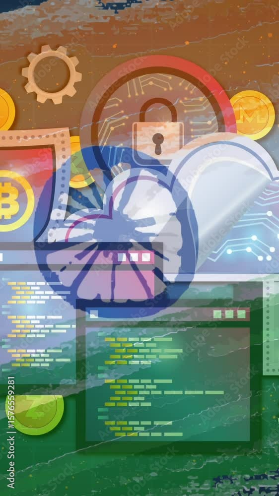 Poster animation of bitcoin symbol and data processing over flag of india in background