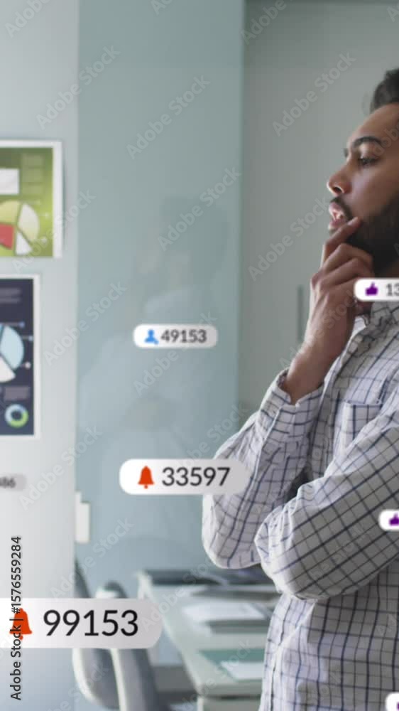 Poster animation of multiple notification bars over thoughtful man analyzing reports