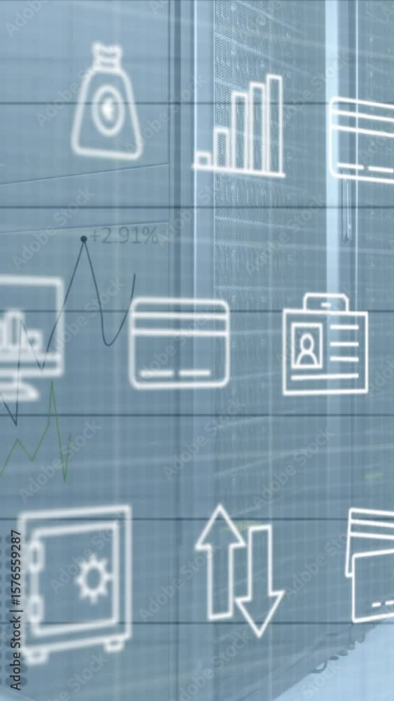 Aufkleber animation of multiple icons, graphs with changing numbers over data server racks