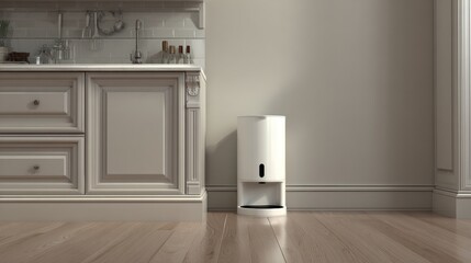 Sleek 3D Render of Modern Dog Food Dispenser Positioned in a Stylish Kitchen With an Empty Lower Space