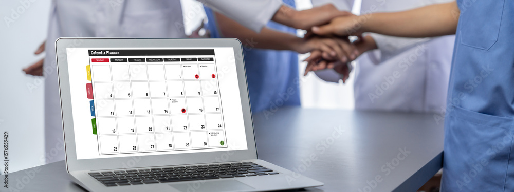 Poster calendar on computer software application for brisk schedule planning for personal organizer and onl