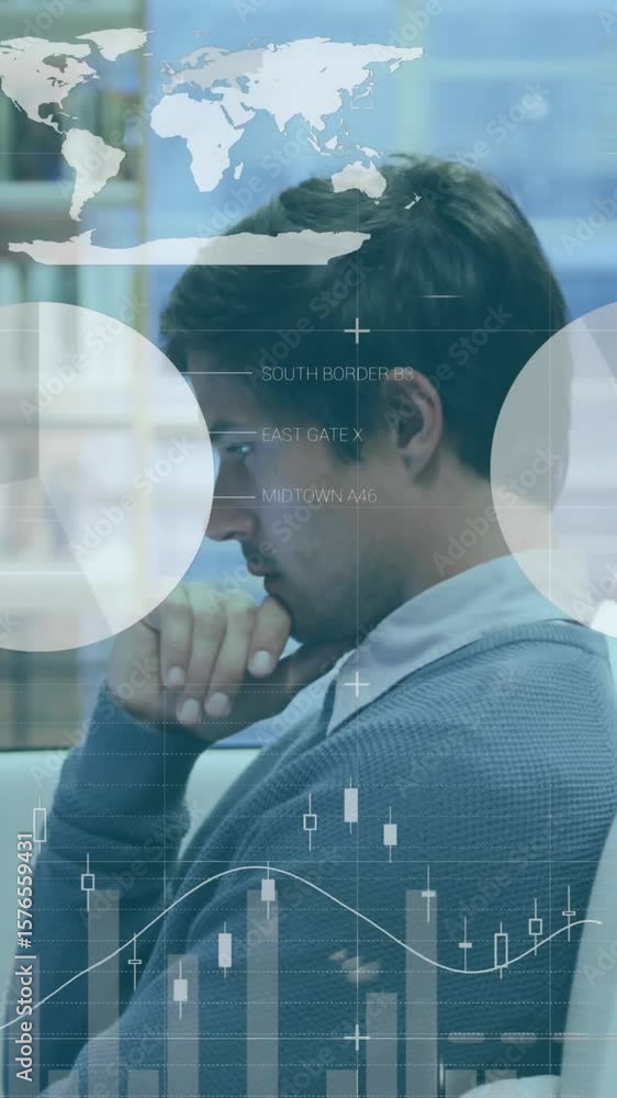 Poster animation of statistical data processing against thoughtful man using laptop at office