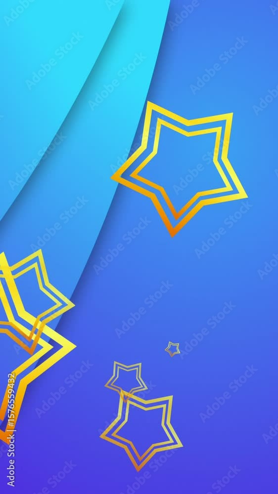 Poster animation of golden stars floating over abstract textured pattern blue gradient background