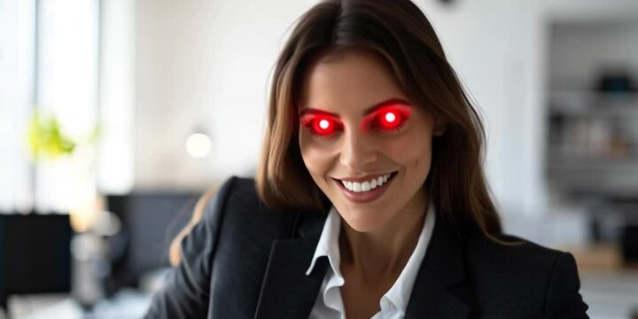 A business woman in professional suit smiles with glowing eyes in the corporate office - bitcoin and crypto maxi