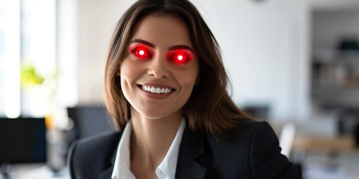 A business woman in professional suit smiles with glowing eyes in the corporate office - bitcoin and crypto maxi