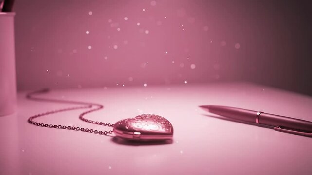 Heart-shaped locket on desk with pen and soft pink background  