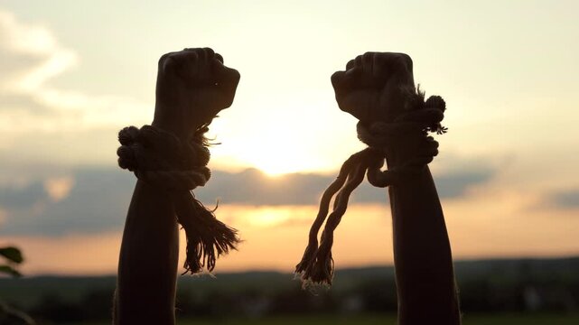 Hands free from shackles at sunset. Slow motion. Feeling of freedom
