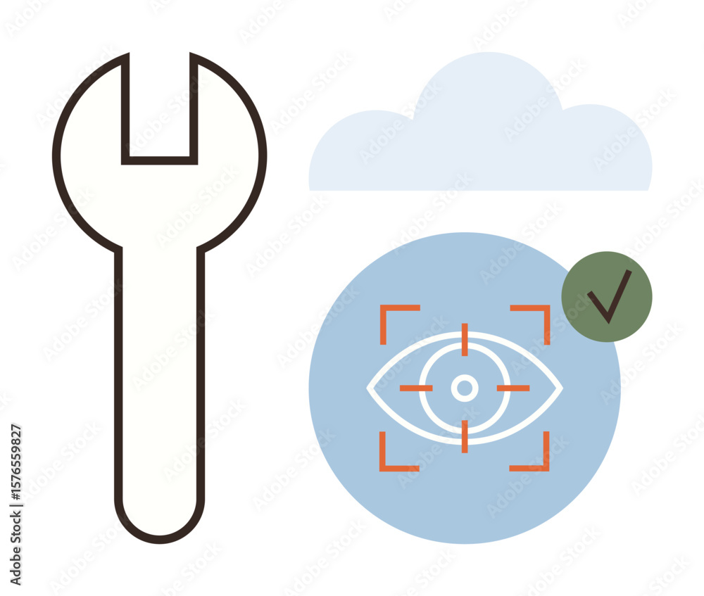 Poster wrench and eye focus element below a cloud with a checkmark. ideal for technology, solutions, analys