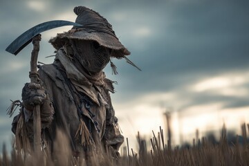 Scarecrow field symbol: straw figure, rural posture, silent guard, farmland corner, wind sway, crop border, bird barrier, worn outfit, autumn mark, natural sculpture, hay limb, lone protector,
