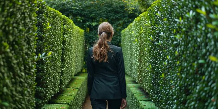Woman navigating a hedge maze with professional business suit