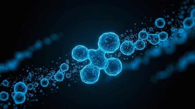 Abstract shapes on a dark background with blue molecular structures  