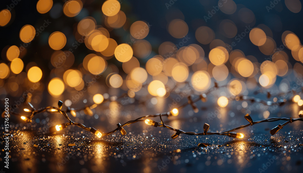 Poster a string of glowing fairy lights on a reflective surface with bokeh.
