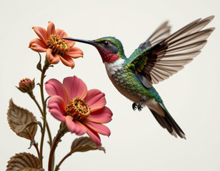Obraz premium Vibrant hummingbird hovering near colorful flowers, showcasing