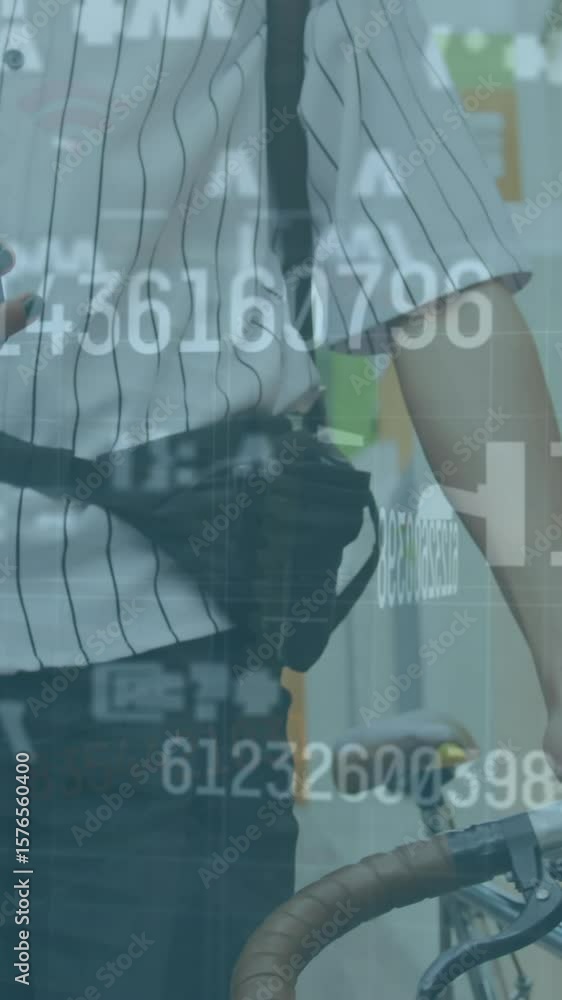 Aufkleber animation of financial data processing over caucasian man using smartphone