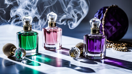  Luxurious and colorful perfume bottles in green, pink, and purple, with elegant crystal tops and captivating smoke, perfect for beauty, fragrance, and cosmetic advertising campaigns