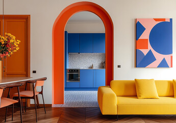 Fototapeta premium Vibrant and modern interior with bold colors and unique design. The combination of yellow, blue, and orange creates a cheerful atmosphere full of contemporary personality.