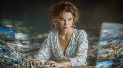 Virtual intelligence: digital interaction, futuristic design, neon elements, innovation presence, data visualization, smart system, hologram control, interface grid, remote work, human machine synergy