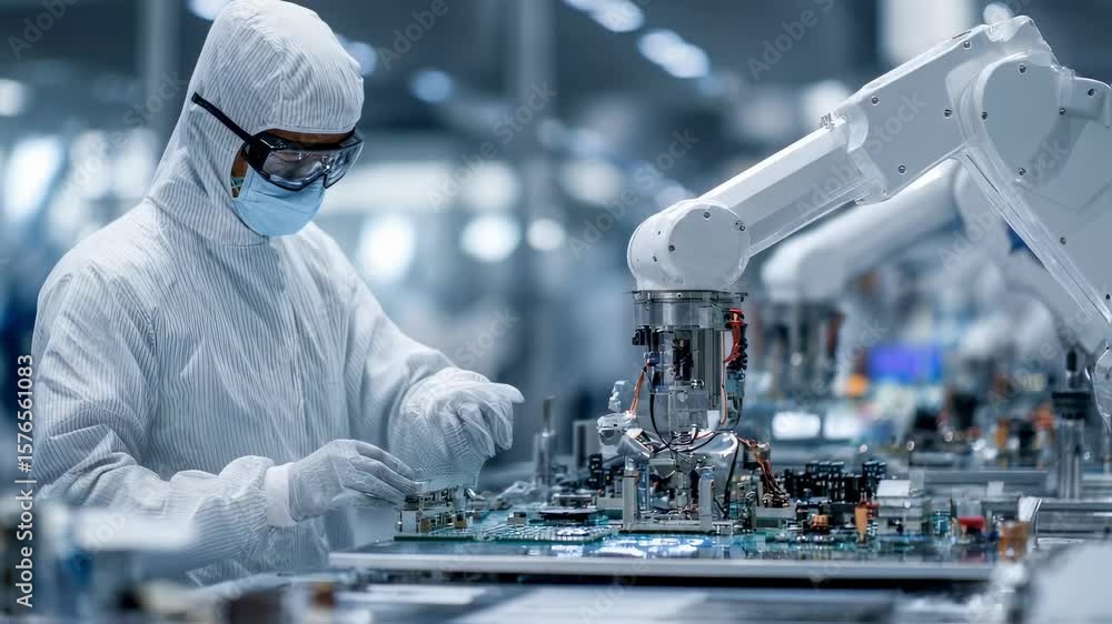 Poster engineer in protective gear operates advanced robotic machinery in a high tech manufacturing facilit