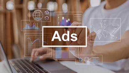 Modern advertising analytics: Visualizing campaign data for insights , Digital marketing strategy: Man interacting with holographic ads interface on laptop