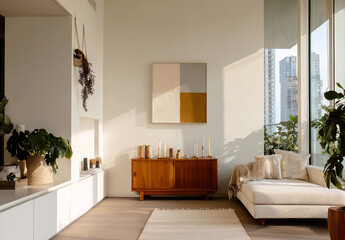 Sunlit living room with a minimalist design: cozy sofa, wooden sideboard, and abstract art. Ideal for modern interiors.