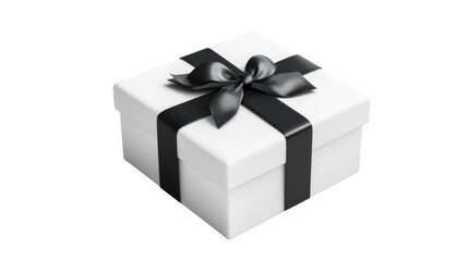 Fototapeta premium A single white gift box with black ribbon isolated on white background 