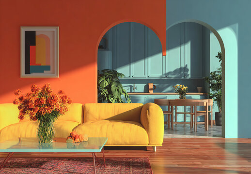 Bold and welcoming interior design with contrasting warm and cool tones. Perfect for home and lifestyle projects.