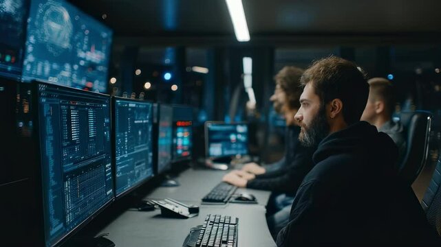 An agile team of IT experts and software developers engages with interactive digital panels in a sophisticated control center overseeing critical blockchain systems and monitoring server - Powered by Adobe
