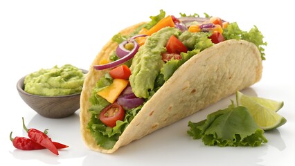 Vegetable Taco with Guacamole, Fresh Lime, and Spicy Chilies on Rustic Plate


