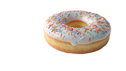 Frosted Donut with Colorful Sprinkles on Top Against White Background


