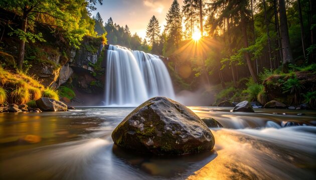 Waterfall cascading over rocks, golden sunrise